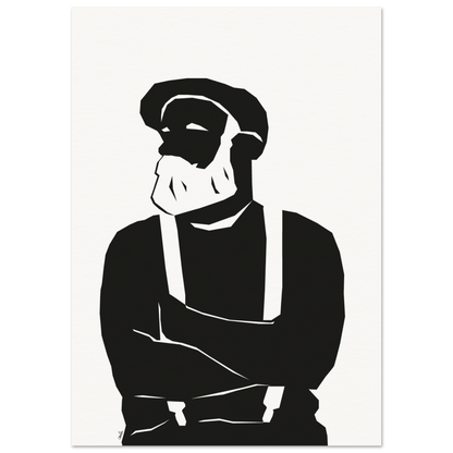 Plakat med trykk av en mann med skjegg, bukseseler og sixpence.