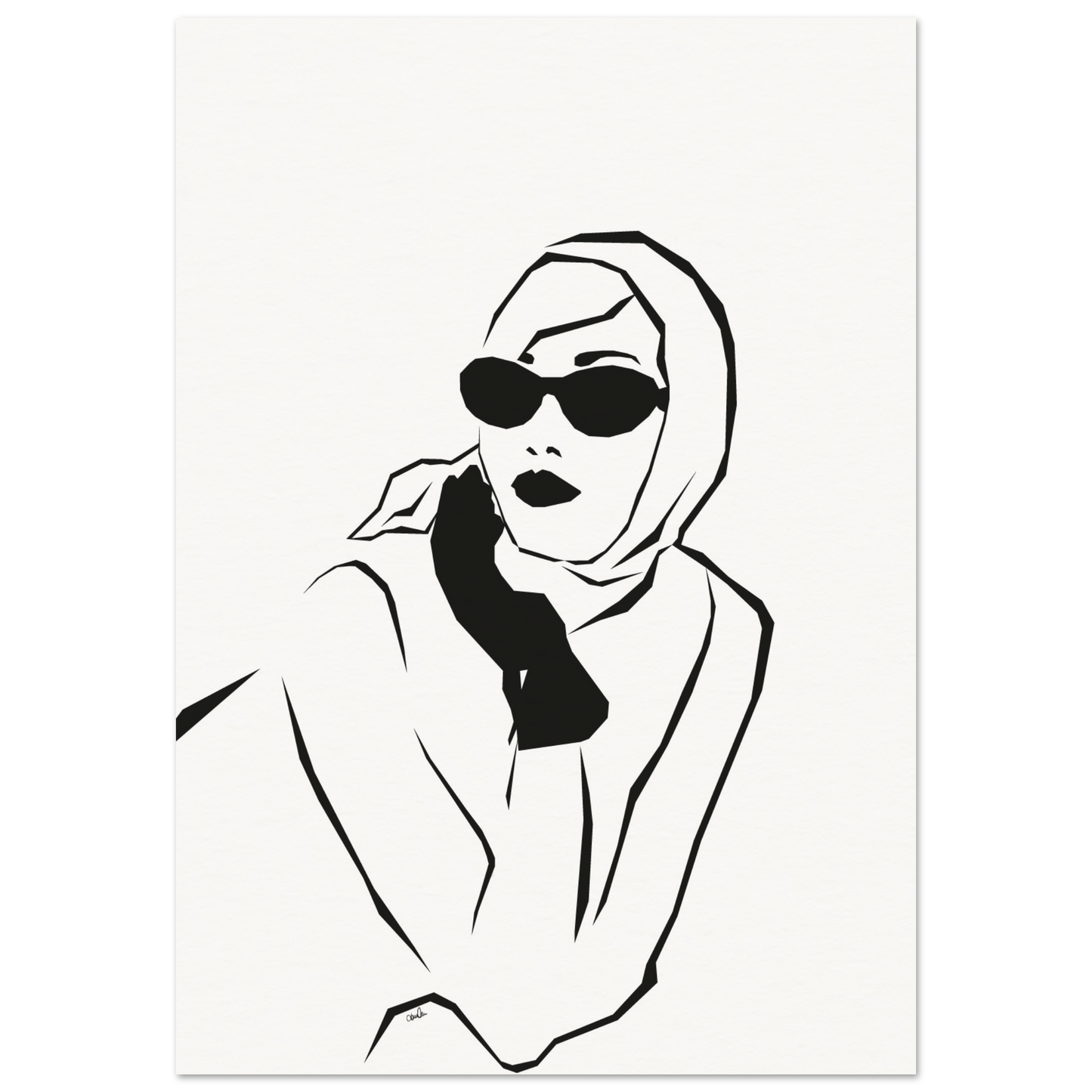 Plakat med tegning av en kvinne med skaut, solbriller og handske.