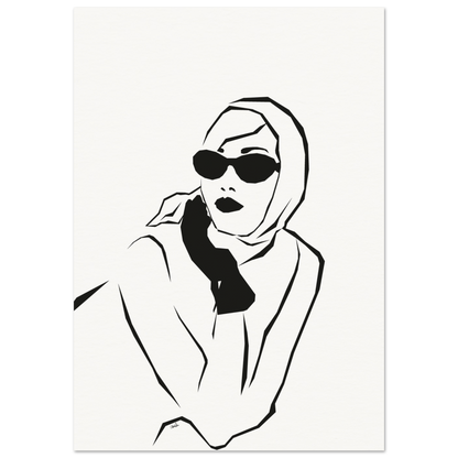 Plakat med tegning av en kvinne med skaut, solbriller og handske.