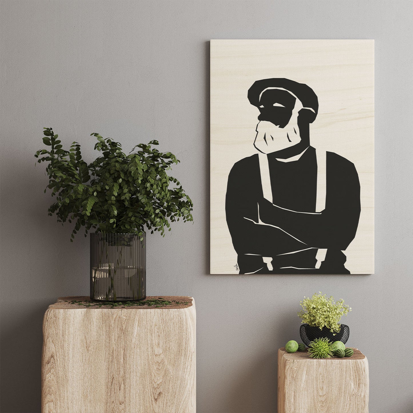 Treplate til vegg med trykk. Kunst-ish selger plakater og Wood Prints. Her med trykk av en mannsfigur med skjegg, bukseseler og sixpence hatt.