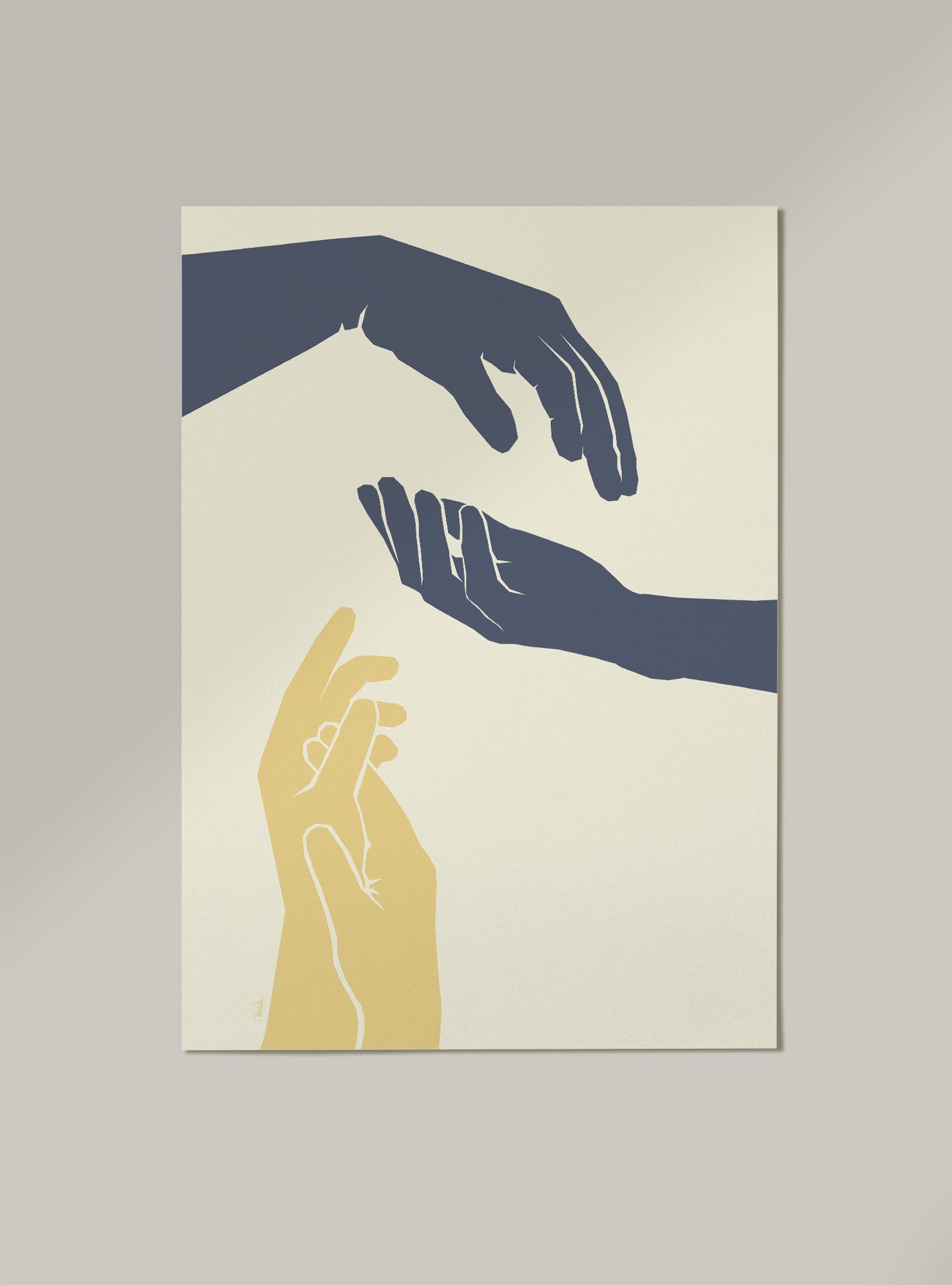 Poster og kunstplakat med komposisjon av hender i øm berøring.