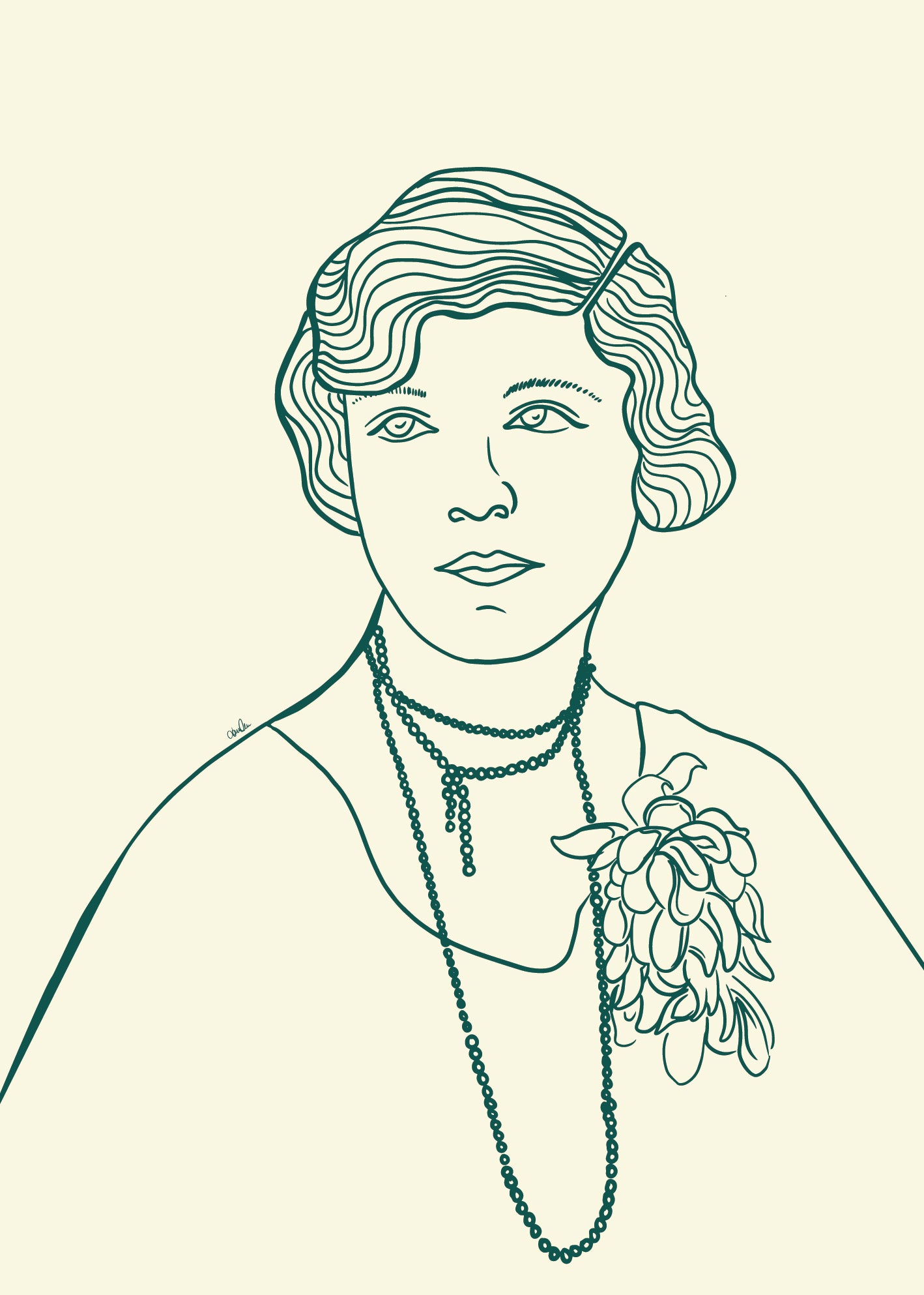 Strektegning av vintage kvinne i grønne toner. Plakat til veggen
