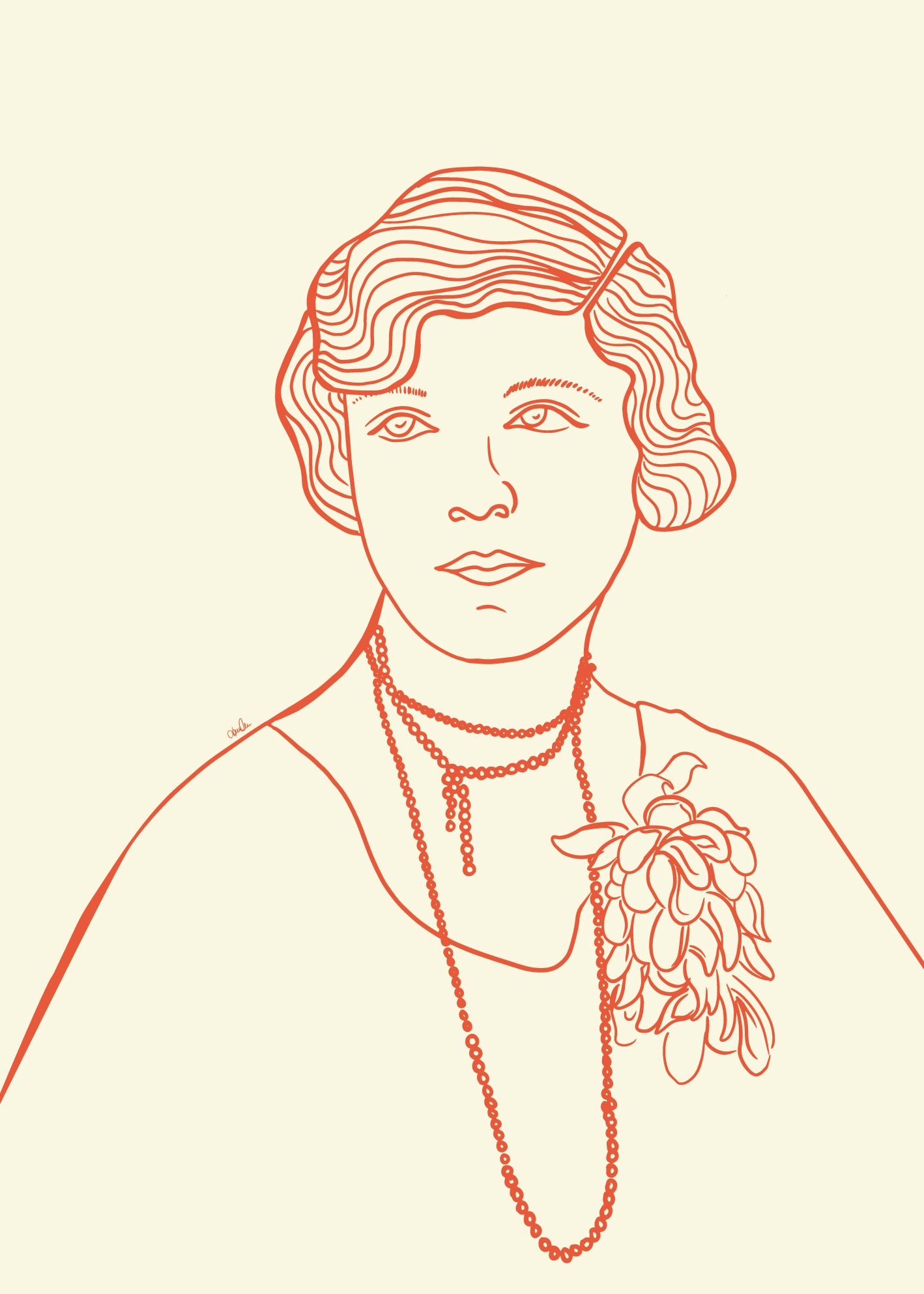 Strektegning av vintage kvinne i oransje toner. Poster