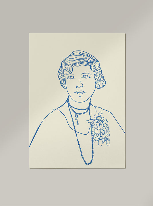 Strektegning av vintage kvinne i blåtoner. Plakat