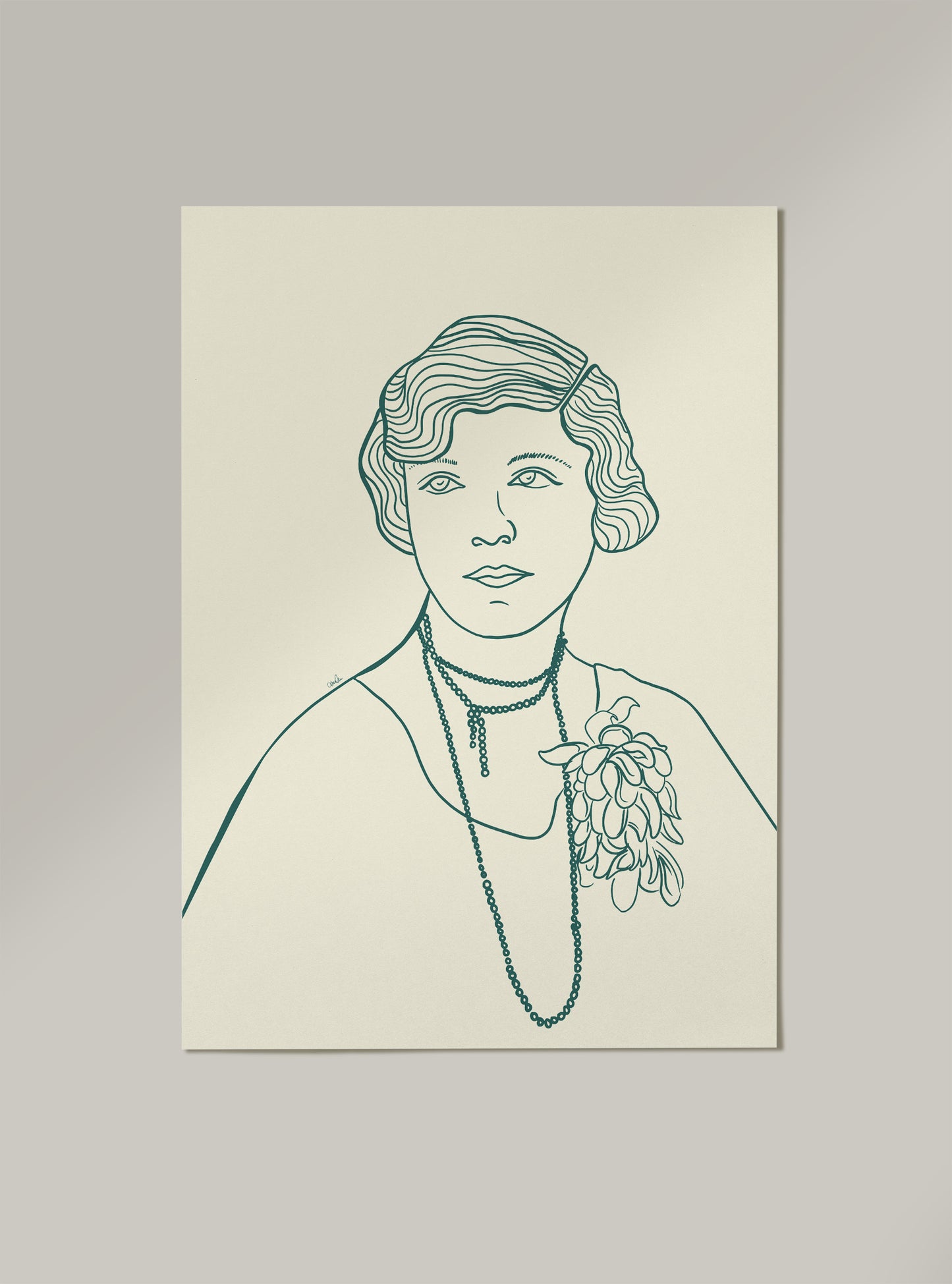 Strektegning av vintage kvinne i grønne toner. Poster