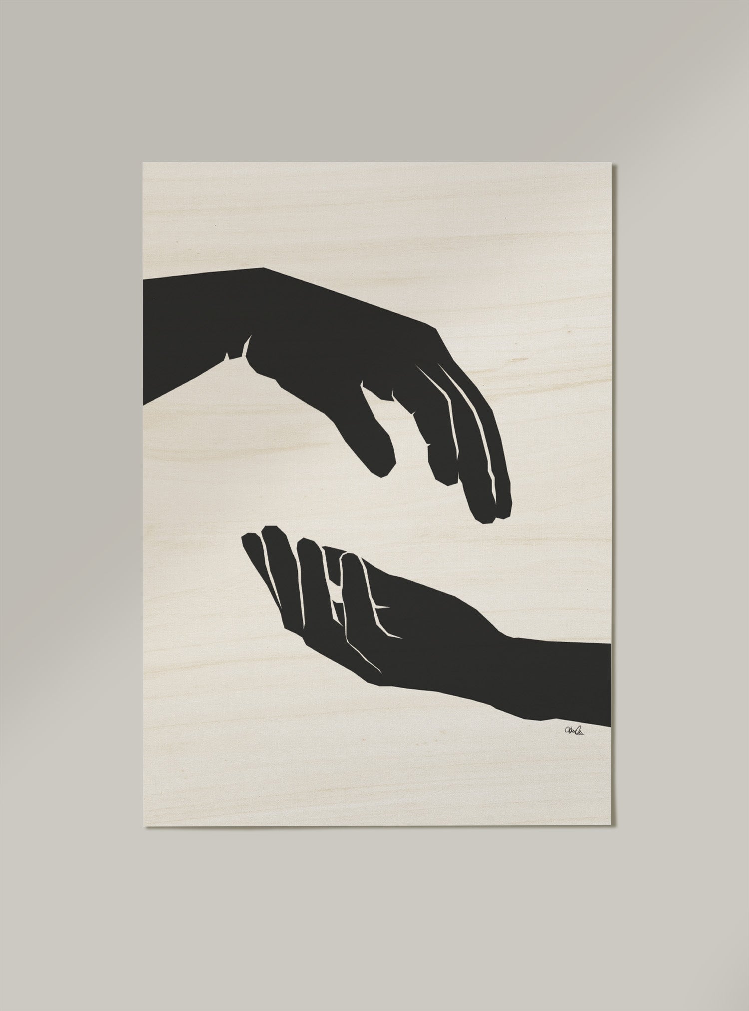 Wood Print, Veggplate I lyst tre med svart trykk. Hender