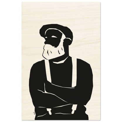 Treplate til vegg med trykk. Kunst-ish selger plakater og Wood Prints. Her med trykk av en mannsfigur med skjegg, bukseseler og sixpence hatt.